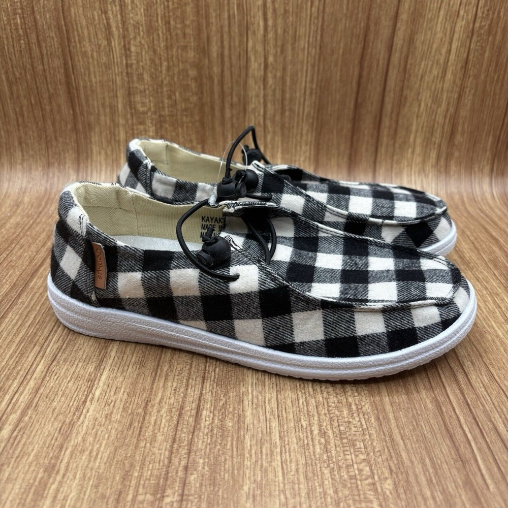Corkys Kayak Boat Shoes Womens 7 Black White Buffalo Plaid Bungee Loafers NEW‎